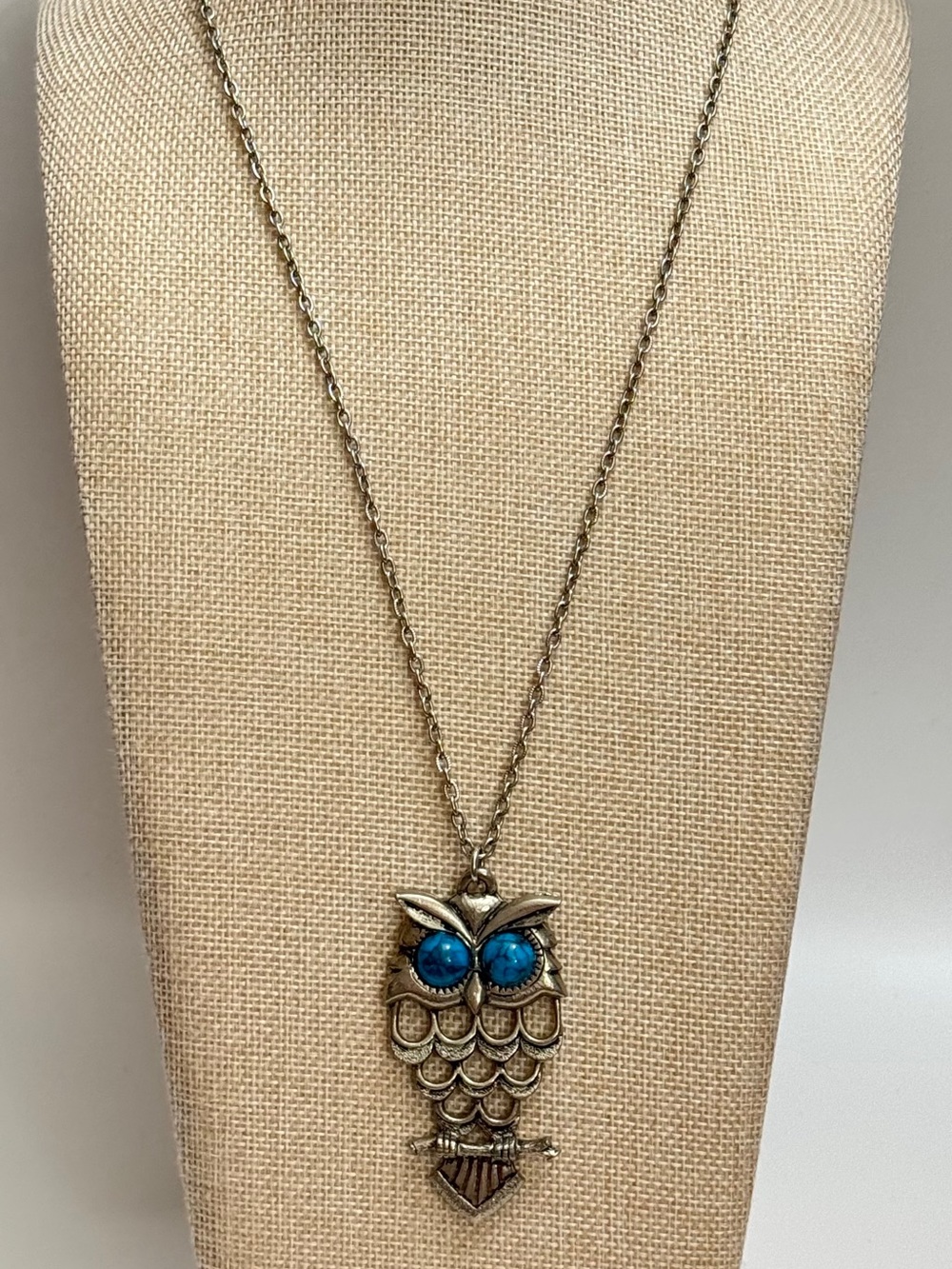 Vintage Style Owl Pendant Necklace Silver Tone Blue Eyes Boho 24”